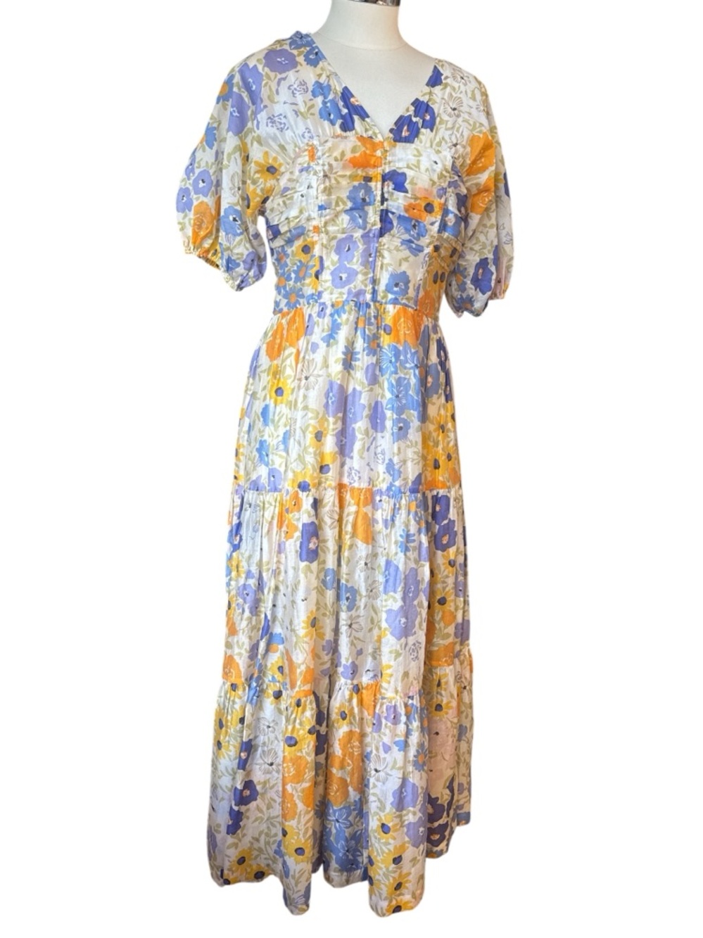 & Other Stories Floral Puff-Sleeve Tiered Maxi Dress in Pastel Multi EU 40 US M